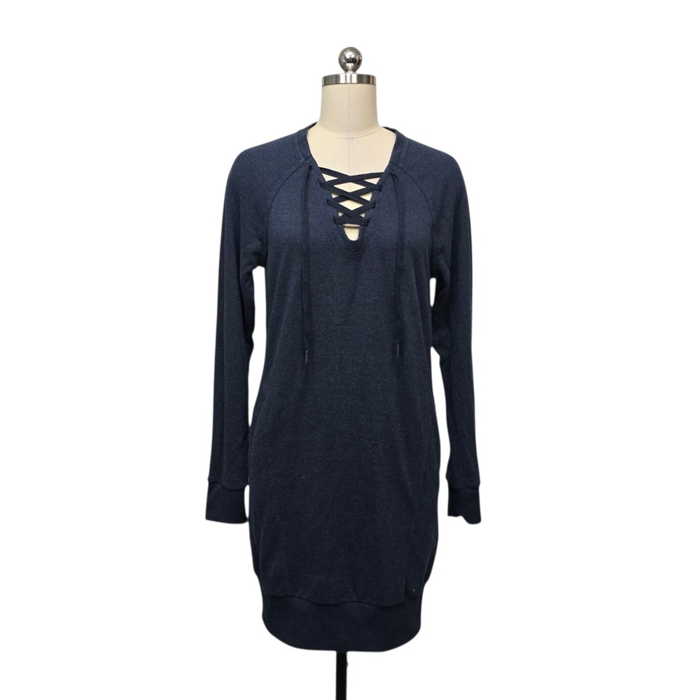prAna Women Size XS Blue Gray Hemp Blend Lace Up Sweatshirt Dress‎ Raglan Sleeve